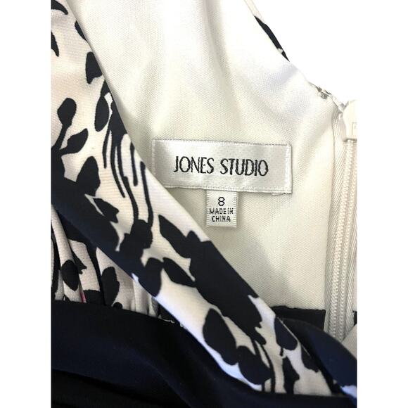 Jones Studio SUN DRESS Size 8 Womens Black White Pink Floral V-Neck Zip Mob Wife - Picture 7 of 9
